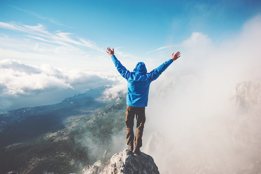 DISC style vacation D-profile on top of the mountain hands raised in victory